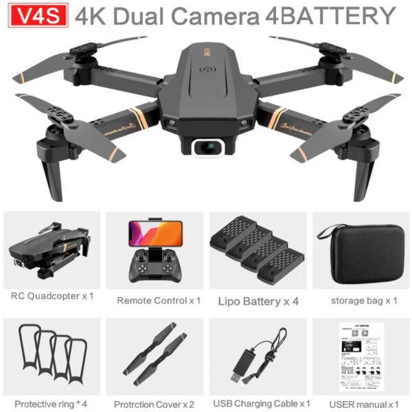 Drone radiocommandé V4, caméra grand Angle HD 4K 1080P, WiFi Fpv, double caméra pliable