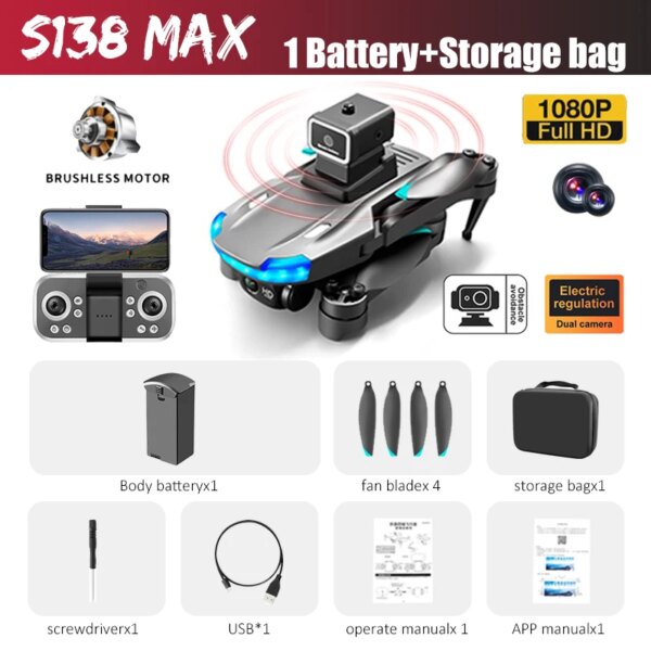 Drone S138 à double caméra 4K, grand Angle, évitement d'obstacles
